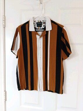 Denim & Flower Ricky Singh Mens Medium Black, White & Brown Striped Bowling Styl